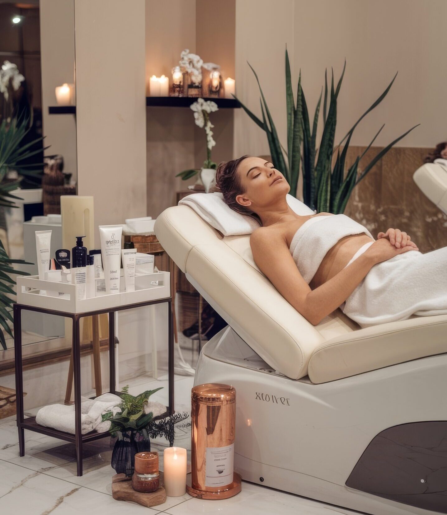 beautiful woman relaxing spa salon spa products table luxury spa resort room scaled e1748974389727